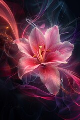 Pink Flower With Purple Swirls on Black Background