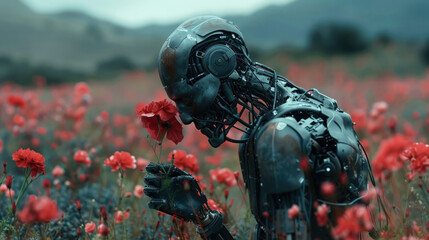 Robot in blooming field