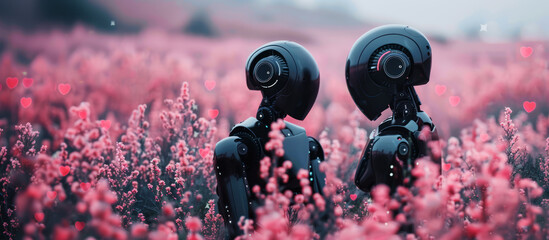 Couple of robots in love in blossoming field