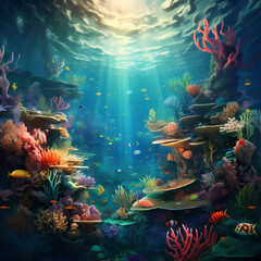 A surreal underwater scene with vibrant coral reef