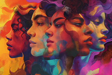 A poster features several lgbt people with different colored hair, in the style of art illustration