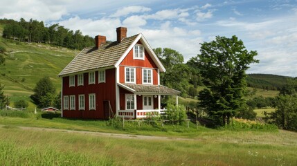 Obraz premium Charming Nordic farmhouse surrounded by rolling hills and meadows, with a red-painted exterior, white trim, and a picturesque setting, exuding rural tranquility