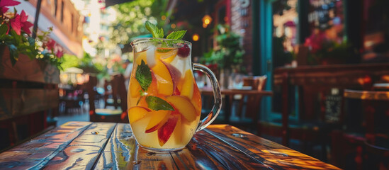 Fototapeta premium Pitcher of white sangria wine cocktail with peaches on restaurant table