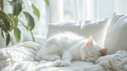 A white cat peacefully sleeps on a cozy bed bathed in soft sunlight near some green potted plants.