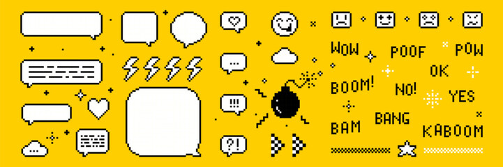Fototapeta premium Set of pixel art elements. Pixel bomb. Speech bubbles set. Text boom, pow, bam, kaboom. Vintage design. Y2k trendy stickers. Mood of 90's aesthetics. 8-bit retro style vector illustration