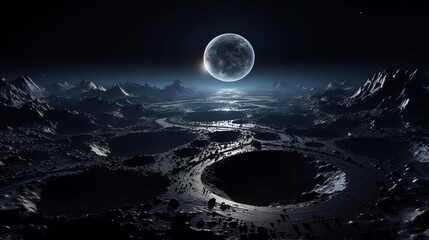 Obraz premium Majestic moonlit landscape with craters and mountains beneath a full moon. Captivating lunar scenery with a mysterious, otherworldly feel.