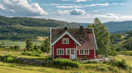 Obraz premium Charming Nordic farmhouse surrounded by rolling hills and meadows, with a red-painted exterior, white trim, and a picturesque setting, exuding rural tranquility