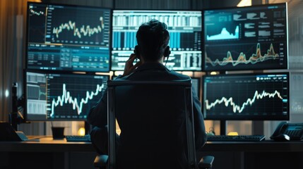 A man seated at a desk, concentrating on various monitors displaying data and information.