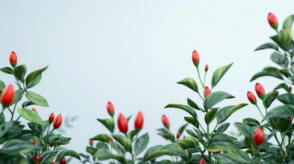 Obraz premium Close-up of vibrant red chili peppers growing on lush green plants against a soft, light blue background. Perfect for nature and gardening themes.