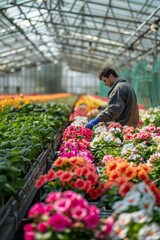 blurred gardener in a green house working with colorful flowers , daylight spring day