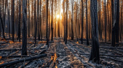 Charred trees standing in a burned forest after a wildfire, illustrating the aftermath and devastation of uncontrolled fires