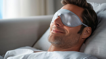 A man is resting comfortably on a bed, smiling while wearing a sleep mask, suggesting he is enjoying a peaceful nap or rest.
