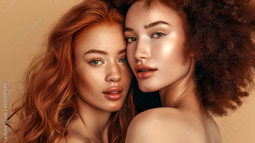 Wall mural close-up portrait of two beautiful diverse women with glowing skin, modern fashion photography. the 