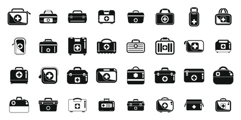 Car first aid kit icons set vector. A collection of medical bags and cases, including a first aid kit, a medical bag, and a medical case
