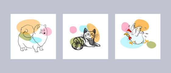 Farm, pet animals hand drawing hand drawn poster wall art vector illustration. Cat, dog, chicken line art.