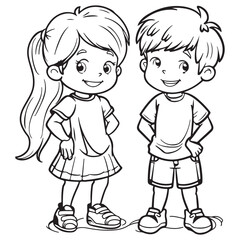 Black line art design of boy and girl, vector illustration for coloring book pages on white background