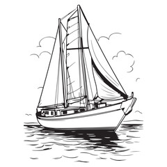 Flat sailboat line art design, black vector illustration on white background