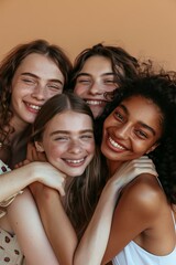 Obraz premium portrait illustration of a happy smiling group of multi cultural girl friends hugging each other, clean young faces, on beige background