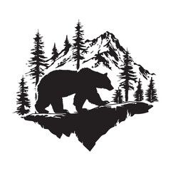 Cartoon grizzly bear and landscape logo, black vector illustration on white background