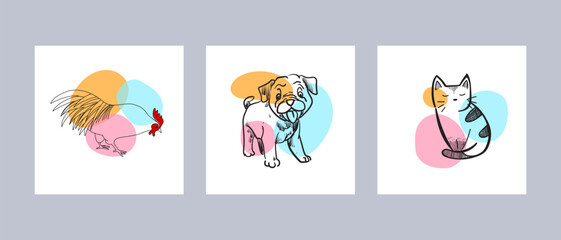 Fototapeta premium Farm, pet animals hand drawing hand drawn poster wall art vector illustration. Cat, dog, chicken line art.