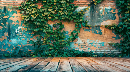 Hardwood floors with brick wall on background covered with green ivy.