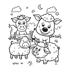 Cute cartoon farm animals and landscape, black vector illustration on white background