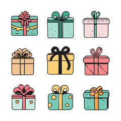 Cute cartoon christmas presents set, colorful vector illustrations on white background