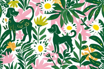 cute illustration pattern and texture of cool dogs with colorful flowers, plantsand white background
