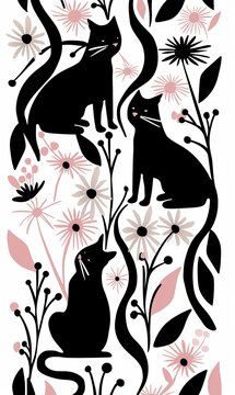 cute illustration pattern and texture of black cats with pink flowers and white background