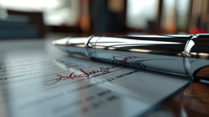 A sleek fountain pen rests on a signed document with blurred text, reflecting afternoon sunlight streaming through an office window