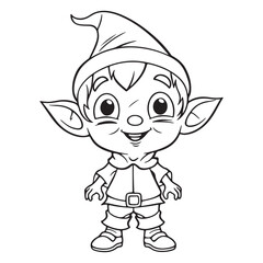 Cute elf cartoon character, black vector illustration on white background