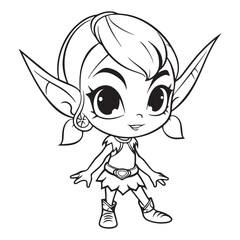 Cute elf cartoon character, black vector illustration on white background