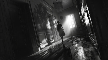A woman walks down a dark, shadowy hallway, lit by sunlight streaming through a window, creating an eerie and mysterious atmosphere in an old abandoned house