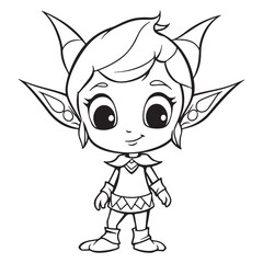 Cute elf cartoon character, black vector illustration on white background