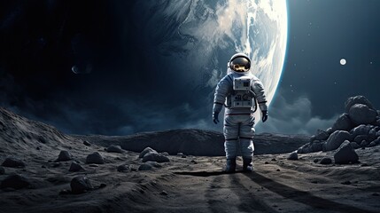 space exploration concept, man in spacesuit walking on the moon with spacecraft behind him - Powered by Adobe