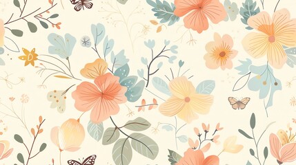 Hand-drawn pastel-colored seamless pattern featuring delicate flowers, leaves, and butterflies, perfect for a serene and charming look