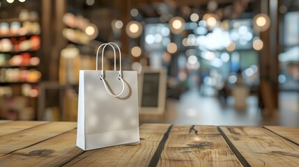 White paper shopping bag on wood table with blurred store background. Mockup for design.