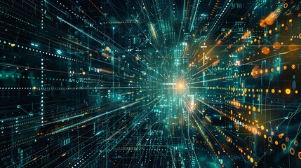 Obraz premium Digital abstract background for technological operations, neural networks, AI, data transmission and encryption, digital archives, audio and visual representations, scientific research. Copy space