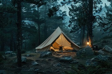 A cozy tent nestled among towering pine trees, illuminated by the soft light of a lantern as dusk settles in
