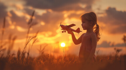 little girl against sunset with toy plane her hand. Girl with toy airplane in her hands