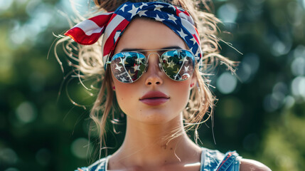 Fototapeta premium Portrait of a stylish woman, american flag bandana, aviator sunglasses reflecting the stars, confident expression. patriotic American flag headband perfect for Memorial Day and the Fourth of July!