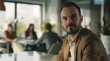 Obraz premium Portrait of a business man sitting in an office with his colleagues in the background Happy business man working in a coworking office : Generative AI