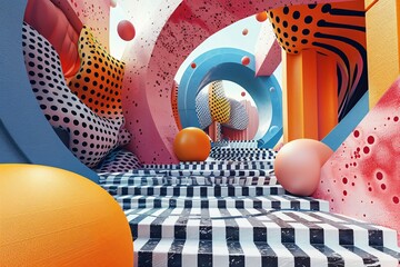 Colorful room with checkered floor and large object close-up