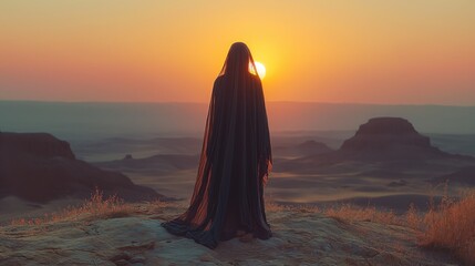 Woman In Traditional Arab Dress Rises Her Arms against the backdrop of the desert and a beautiful...