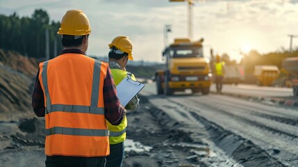 Construction workers, in reflective safety gear and hard hats, oversee a road construction project during sunset.