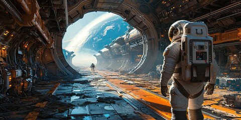 futuristic space station, astronauts wearing high-tech suits and a view of Earth in background