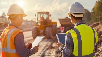 Construction workers on site wearing safety gear using tablets for project management and monitoring progress.