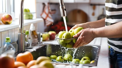 Person washes fresh green apples in the kitchen sink. Daily life moment. Vibrant and clean. Healthy eating concept. AI