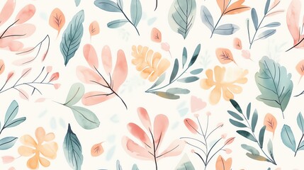 Pastel colors seamless pattern with flat watercolor floral elements, including leaves and branches, for a gentle and elegant style