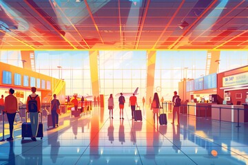 A vibrant cartoon banner for an airport, illustrating various services like baggage claim, information desks, and lounges, with friendly staff helping out, and travelers from diverse backgrounds